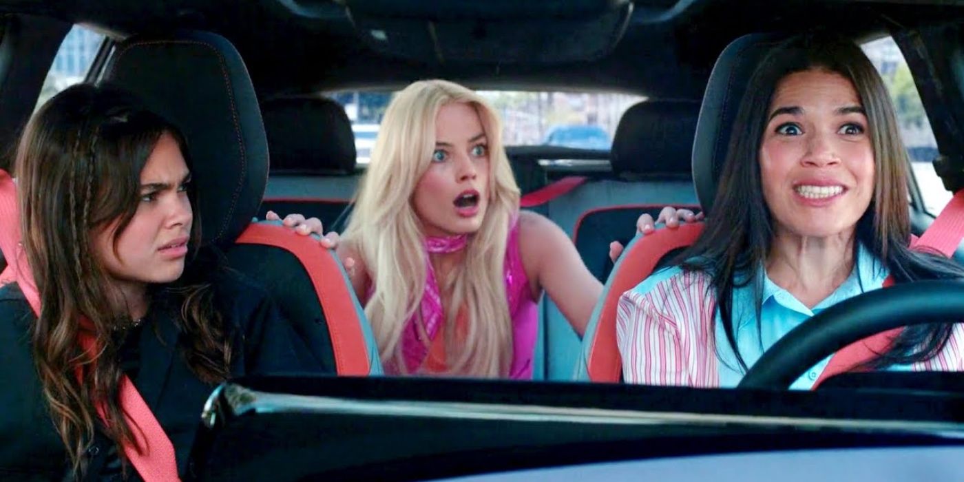 Ariana Greenblatt as Sasha, Margot Robbie as Barbie, and America Ferrera as Gloria in Barbie (2023), driving in Gloria's car.
