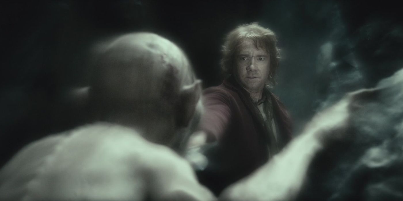 Martin Freeman as Bilbo decides to pity Andy Serkis as Gollum in The Hobbit: An Unexpected Journey