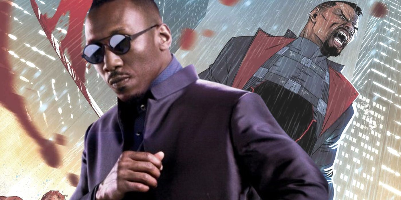 Mahershala Ali standing in front of an image of Blade from Marvel Comics.