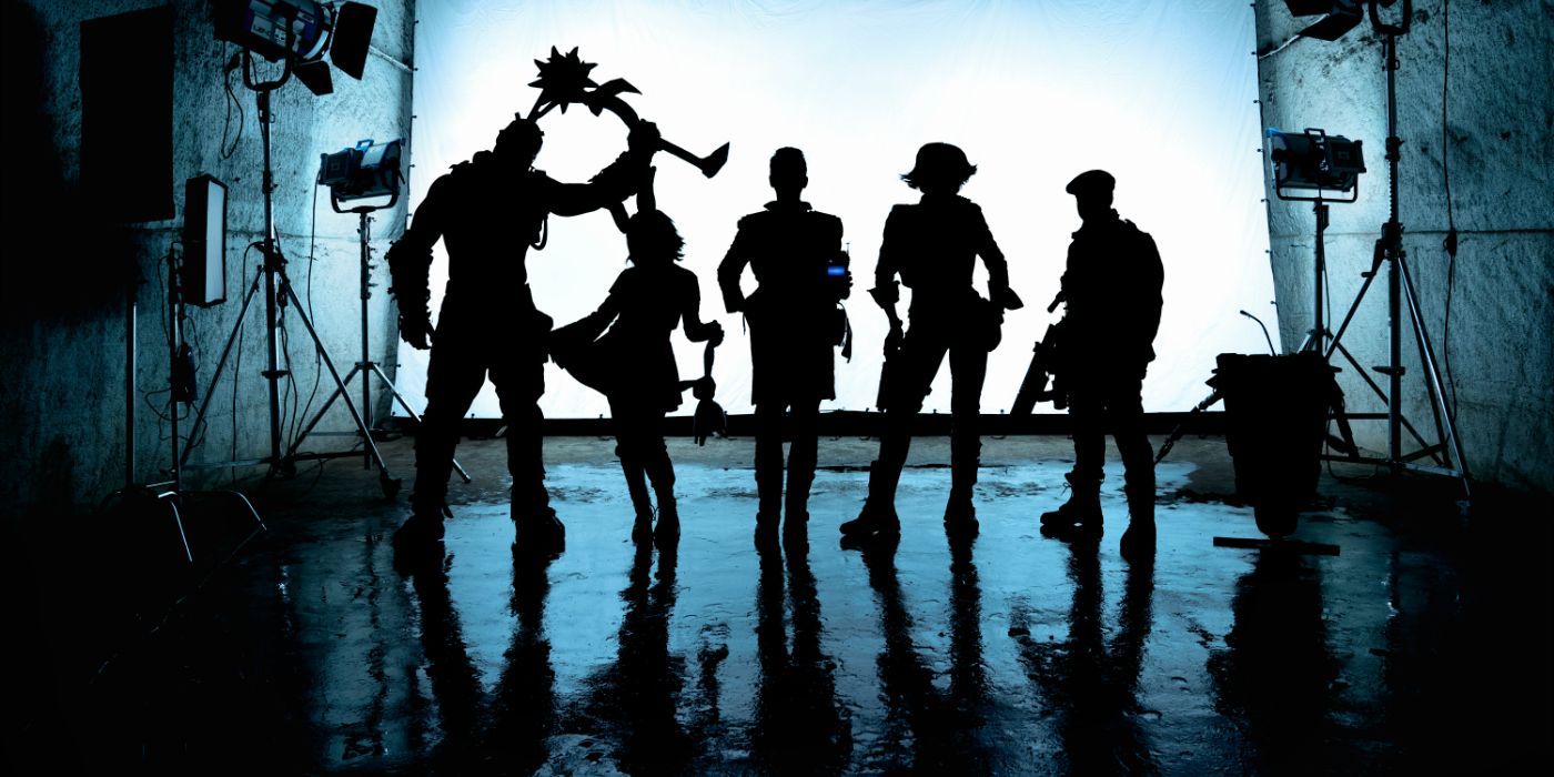 A teaser poster for Borderlands, featuring the silhouettes of the cast inside a dimly-lit photo studio