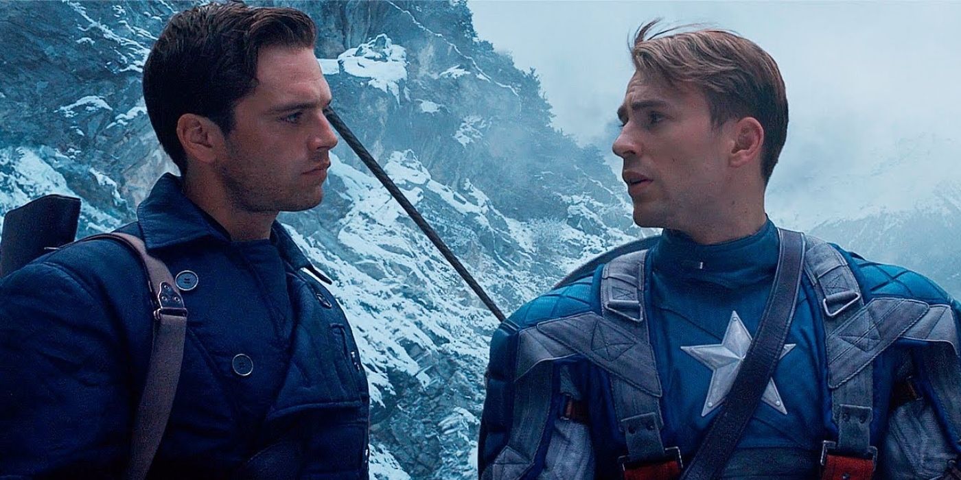 Bucky Barnes and Captain America stand on the edge of a snowy mountain