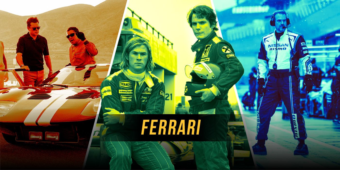 Split-screen image of Ford v. Ferrari, Rush, and Gran Turismo, with 