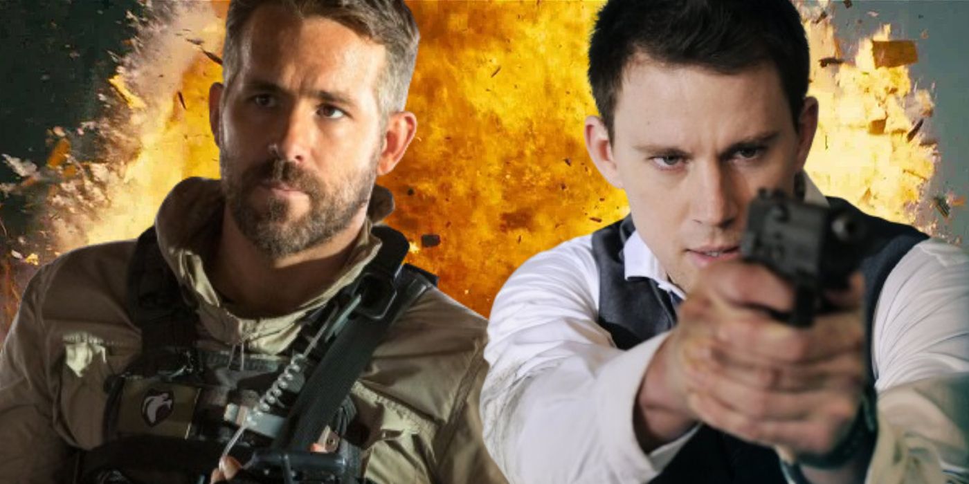 Channing Tatum holding a gun wearing a tuxedo in 21 Jump Street and Ryan Reynolds wearing tactical gear in 6 Underground with a massive explosion behind them