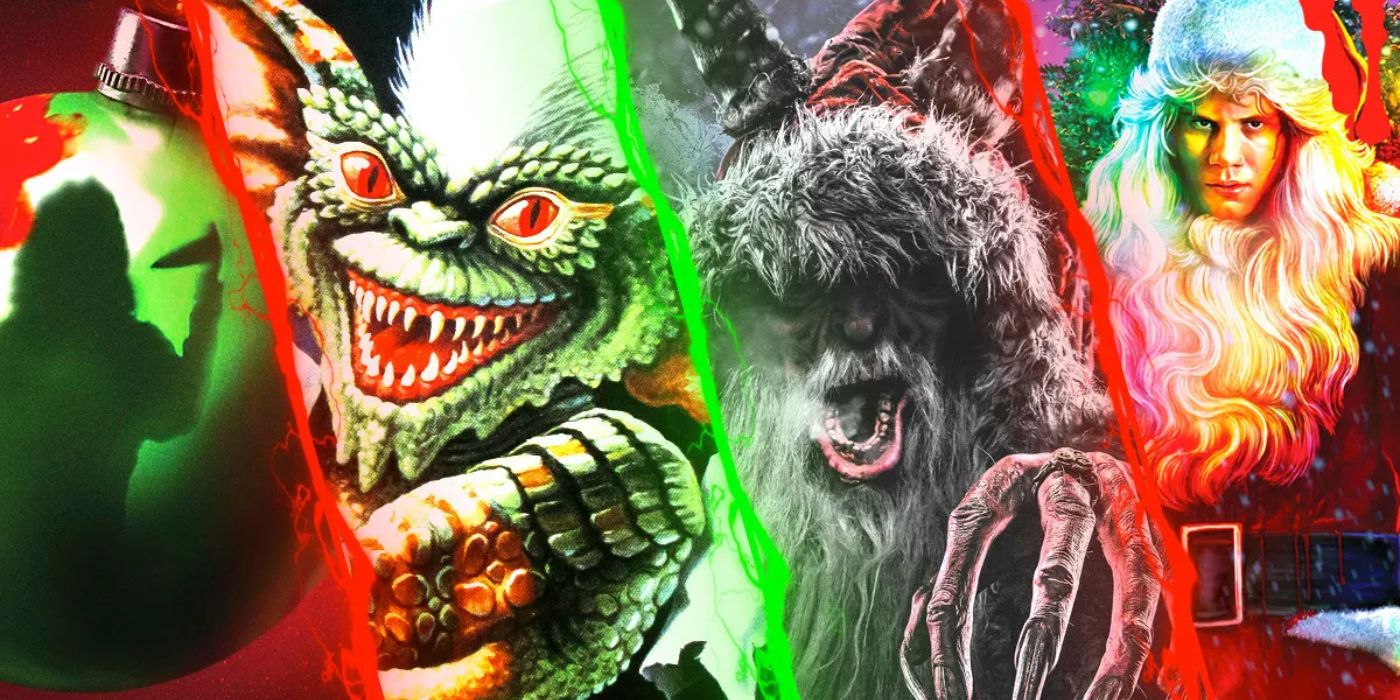 Christmas horror movies including Krampus, Gremlins, Black Christmas, and Silent Night Deadly Night