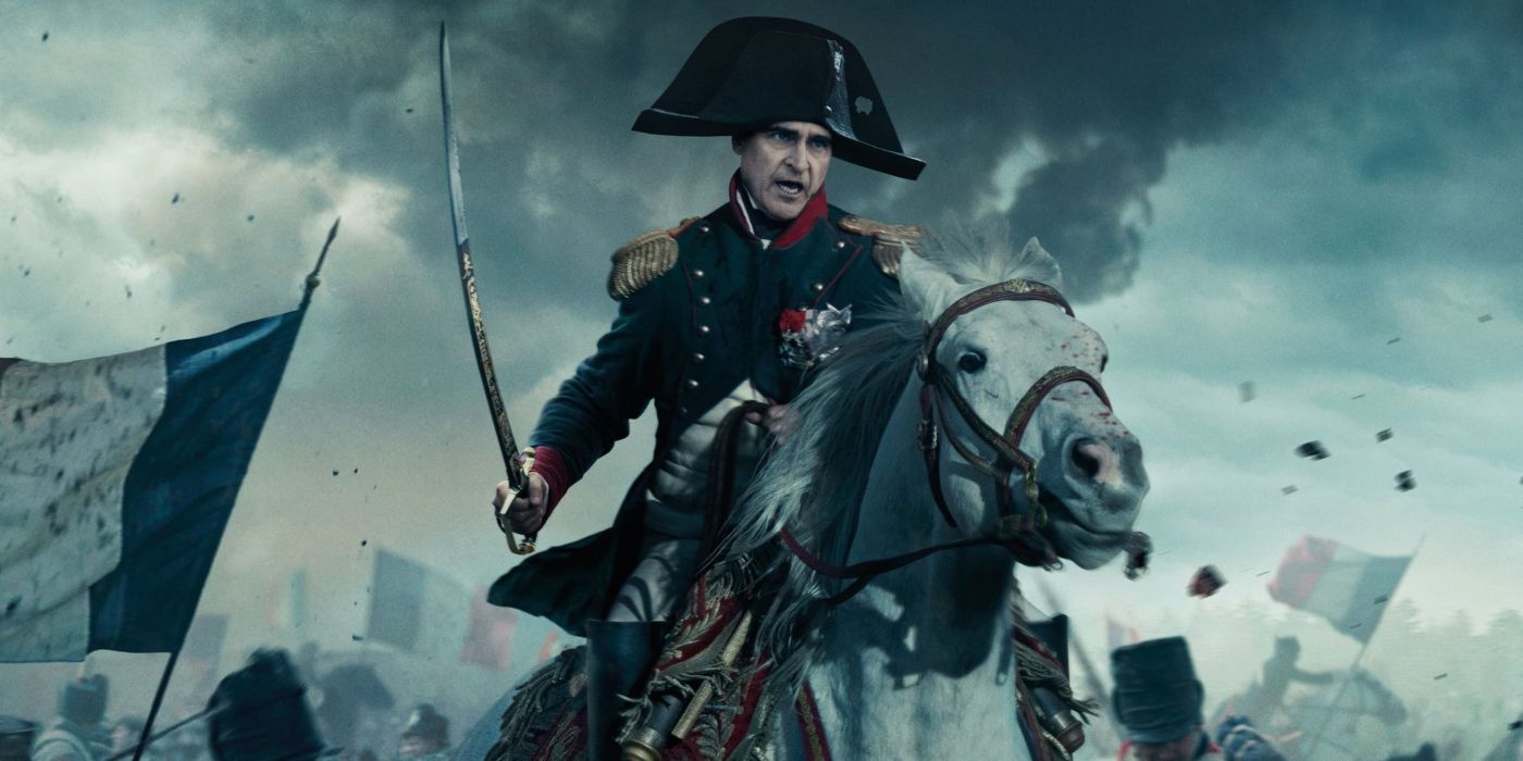 Joaquin Phoenix riding a horse in Napoleon (2023)