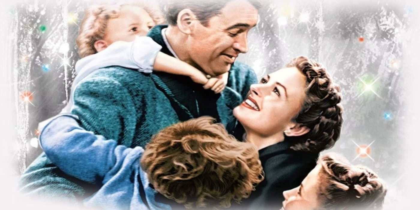 James Stewart as George and Donna Reed as Mary hold their daughter near a Christmas tree in It's a Wonderful Life