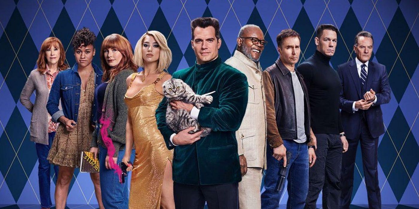 Cropped Argylle poster with the cast including Henry Cavill, Dua Lipa, Samuel L. Jackson, and Bryan Cranston