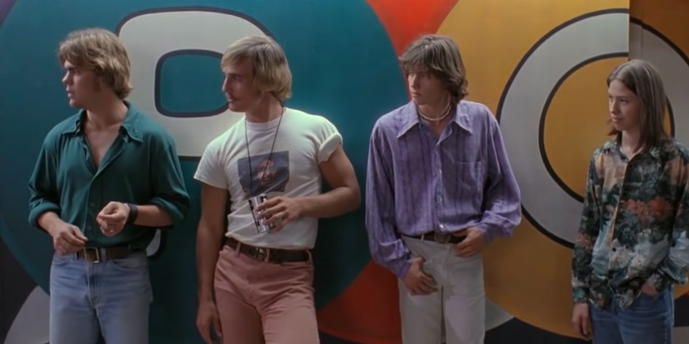 Sasha Jenson as Don, Matthew McConaughey as Wooderson, Jason London as Pink, and Wiley Wiggins as Mitch in Dazed and Confused