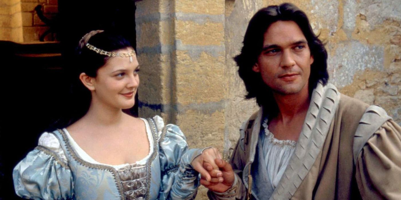 Drew Barrymore & Dougray Scott in Ever After holding hands and smiling