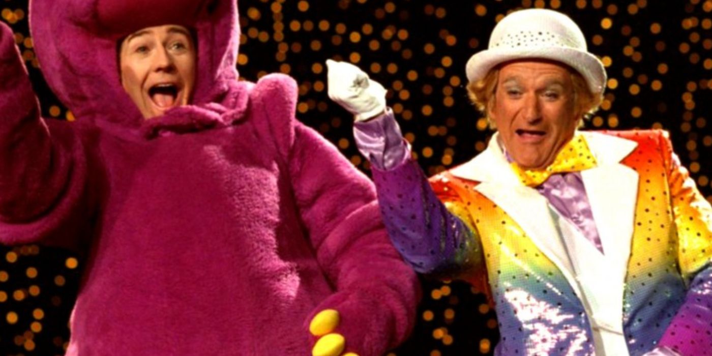 Ed Norton as Sheldon Mopes and Robin Williams as Rainbow Randolph in Death to Smoochy