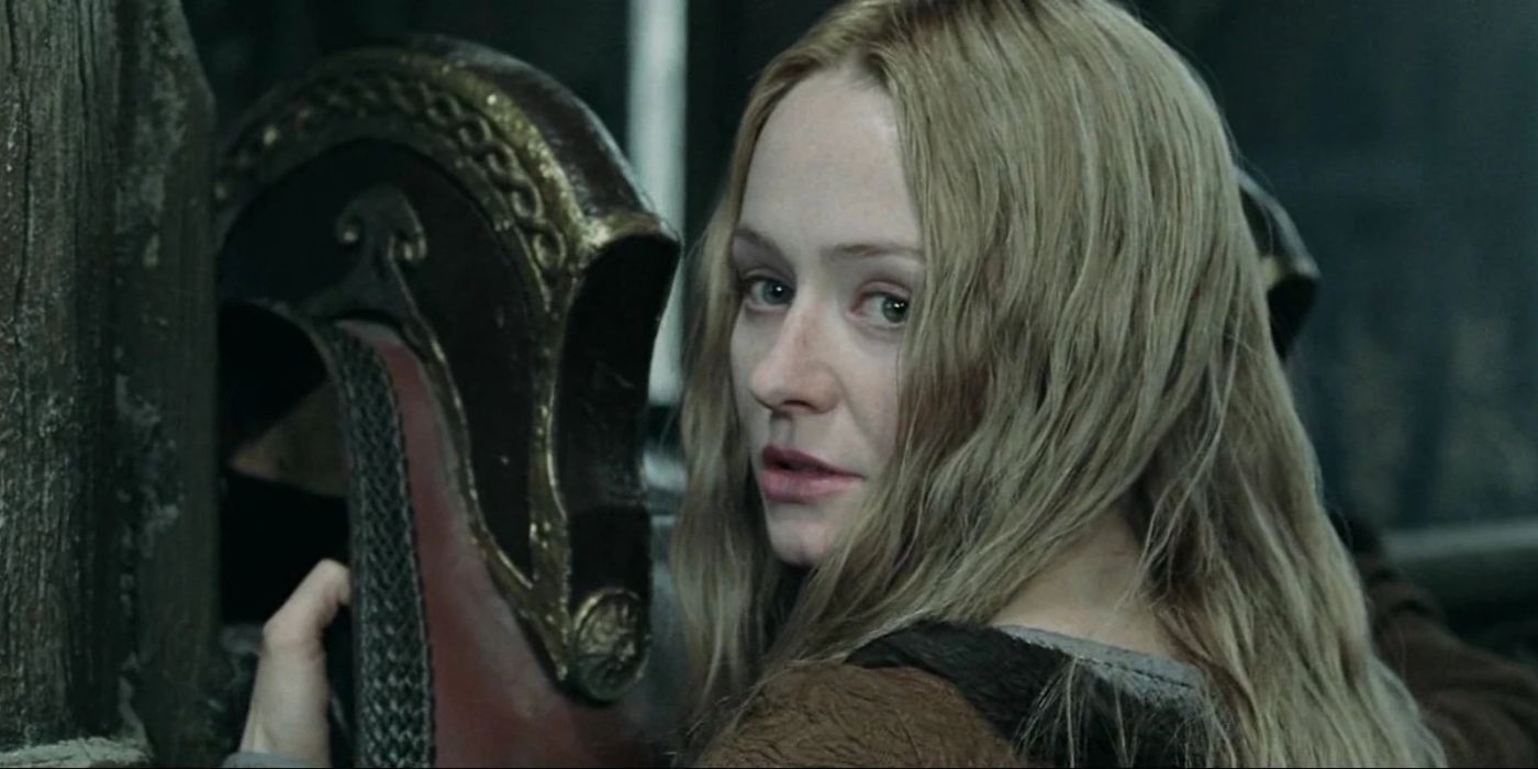 Miranda Otto as Eowyn looking behind her at someone off-screen in The Lord of the Rings: The Return of the King