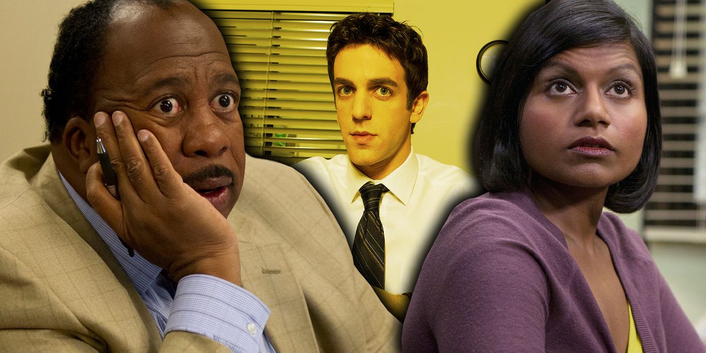 Split-screen image of Stanley, Ryan, and Kelly from The Office