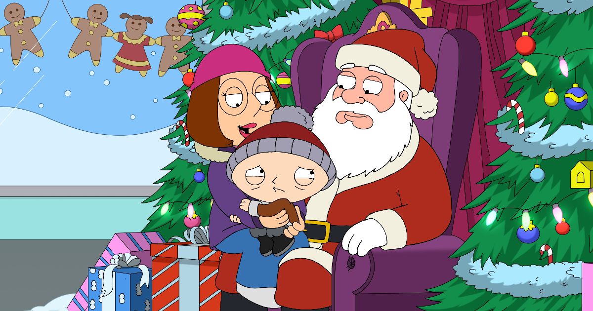 Meg e Stewie sentam no colo do Papai Noel em Uma Família da Pesada