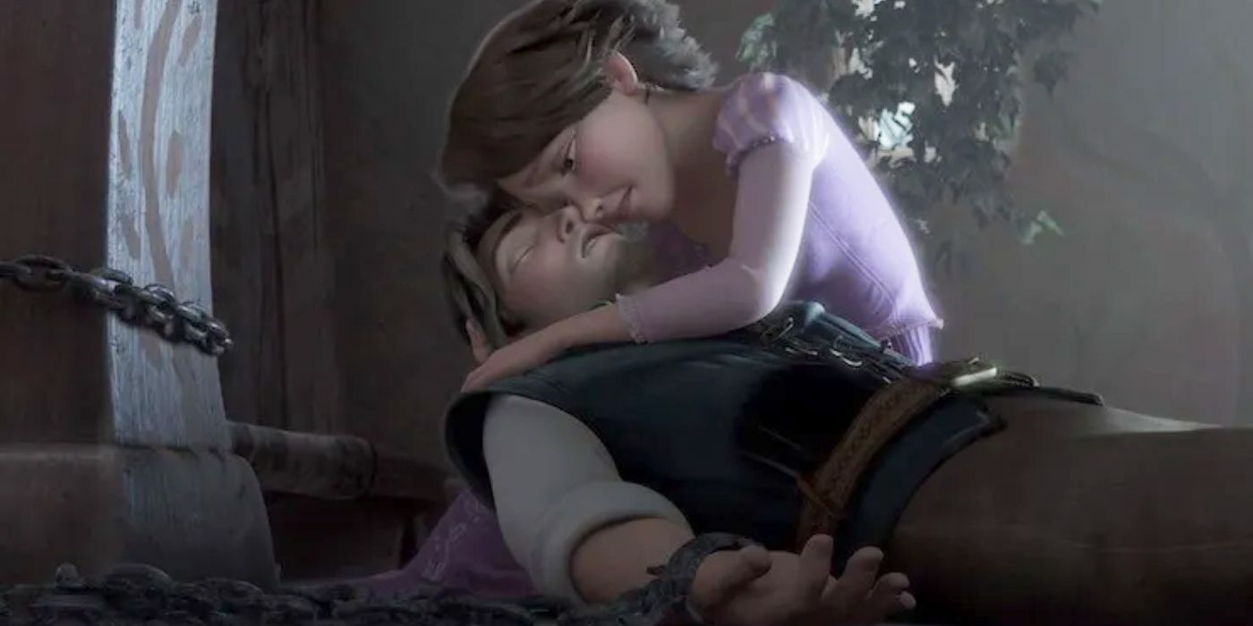 Rapunzel hugs Flynn Rider in Tangled