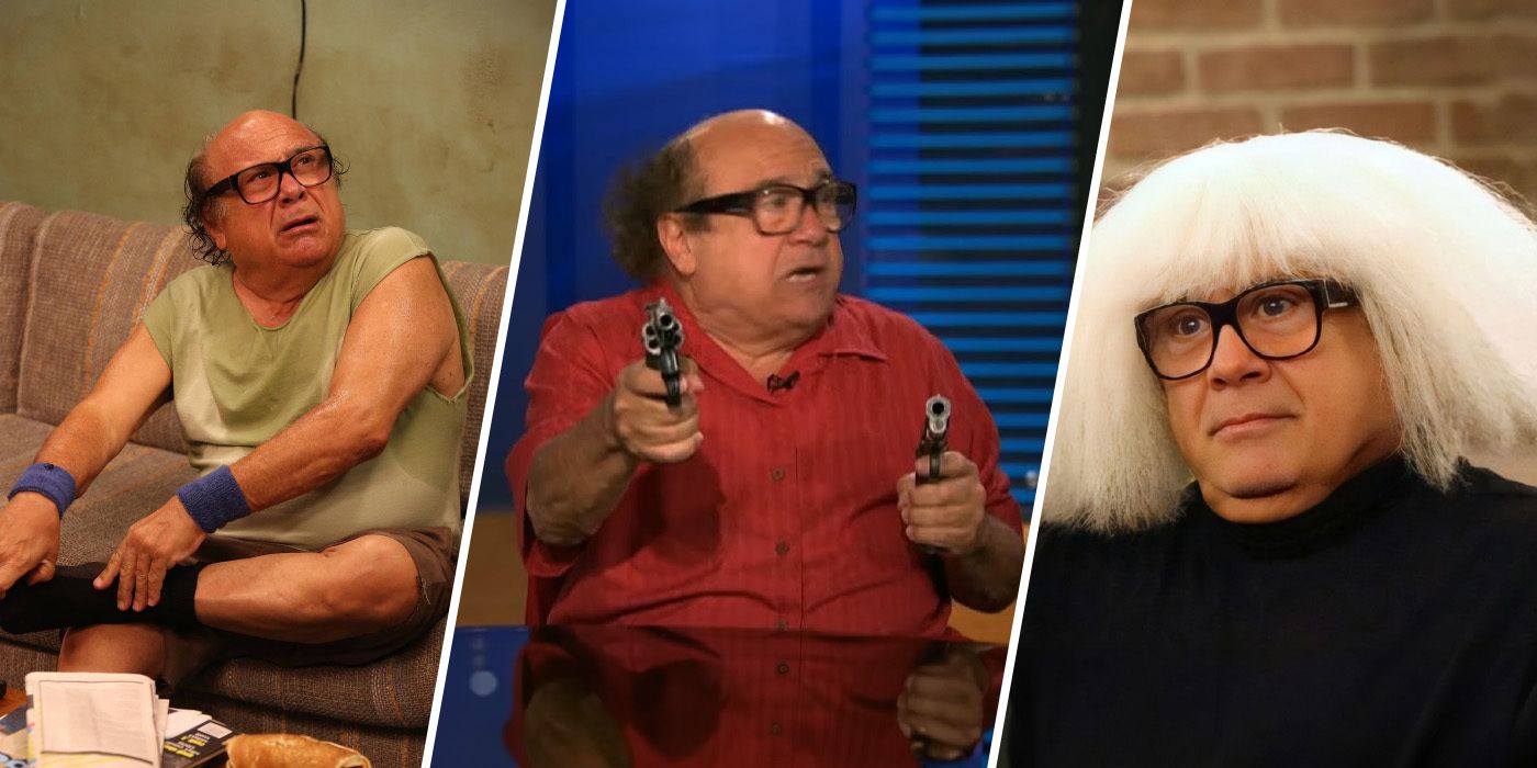 Danny DeVito as Frank Reynolds sitting on a couch, holding two guns, and wearing a white wig in It's Always Sunny In Philadelphia