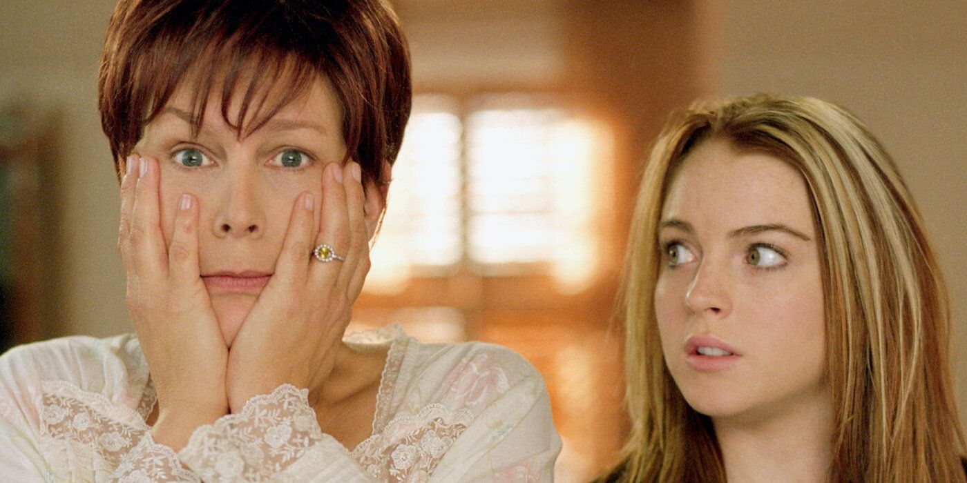 Freaky Friday Jamie Lee Curtis as Tess Coleman/Anna Coleman and Lindsay Lohan as Anna Coleman/Tess Coleman horrified after the mother and daughter switch bodies