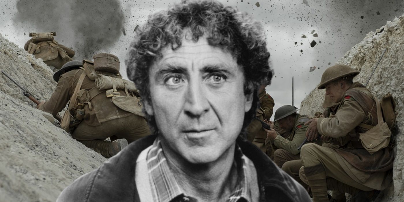 Gene Wilder in black and white in front of a still from the WWI movie 1917.