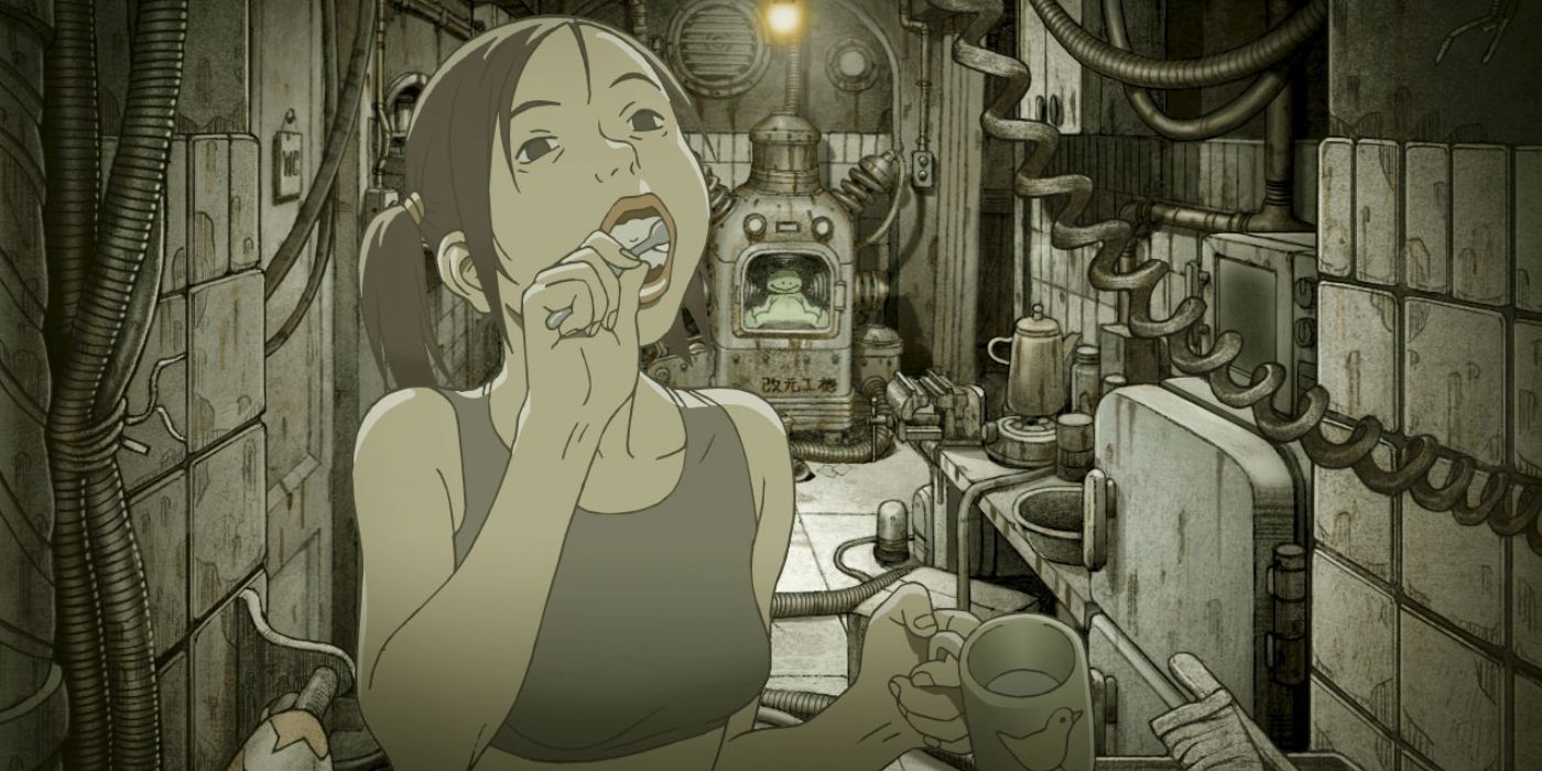 A sepia tone animated image of a young woman brushing her teeth