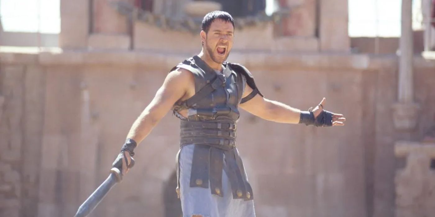 Russell Crowe wields a sword as Maximus in Gladiator