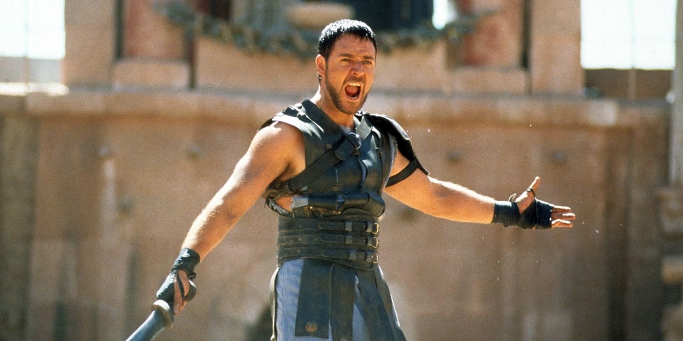 Gladiator Russell Crowe as Maximum holding his arms out and yelling 