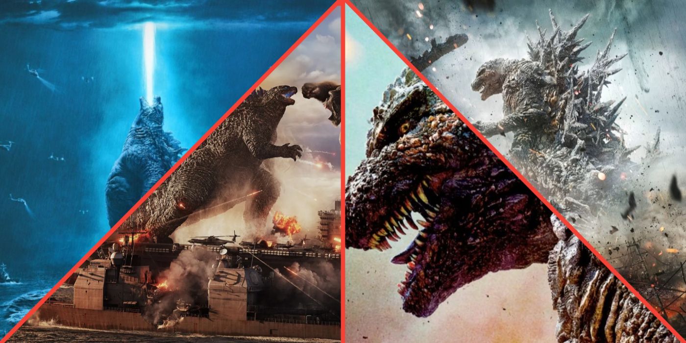 Godzilla in the Monsterverse movies using his atomic breath and fighting King Kong, and Godzilla in Godzilla Minus One