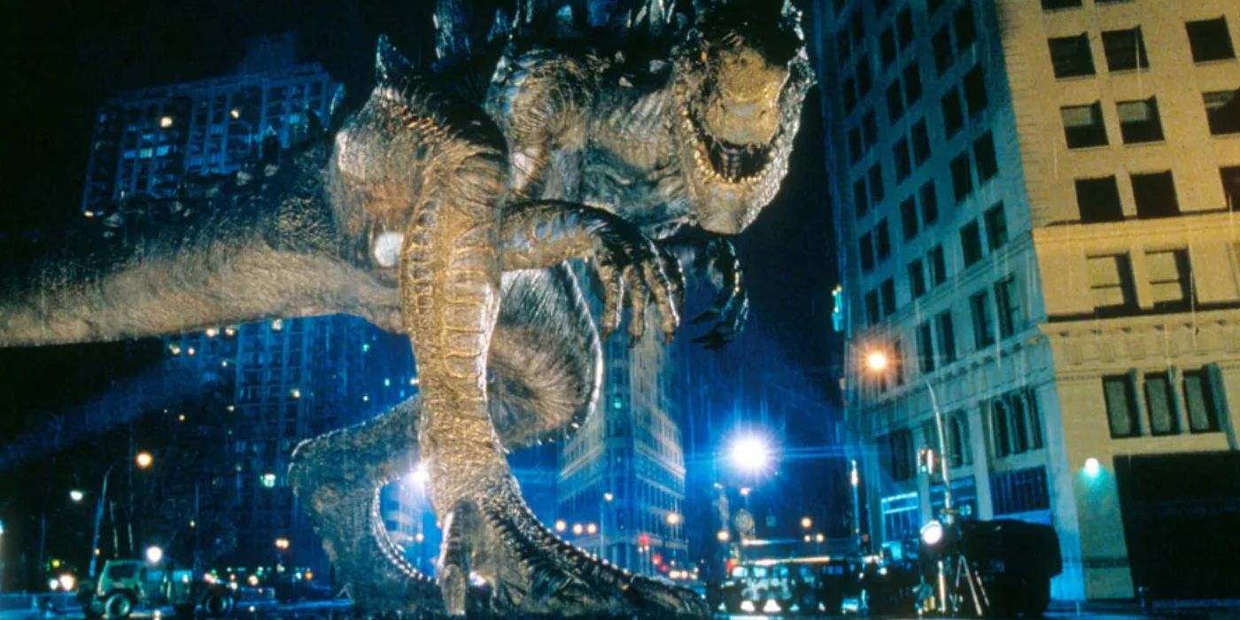 Godzilla standing in the city in the 1998 movie