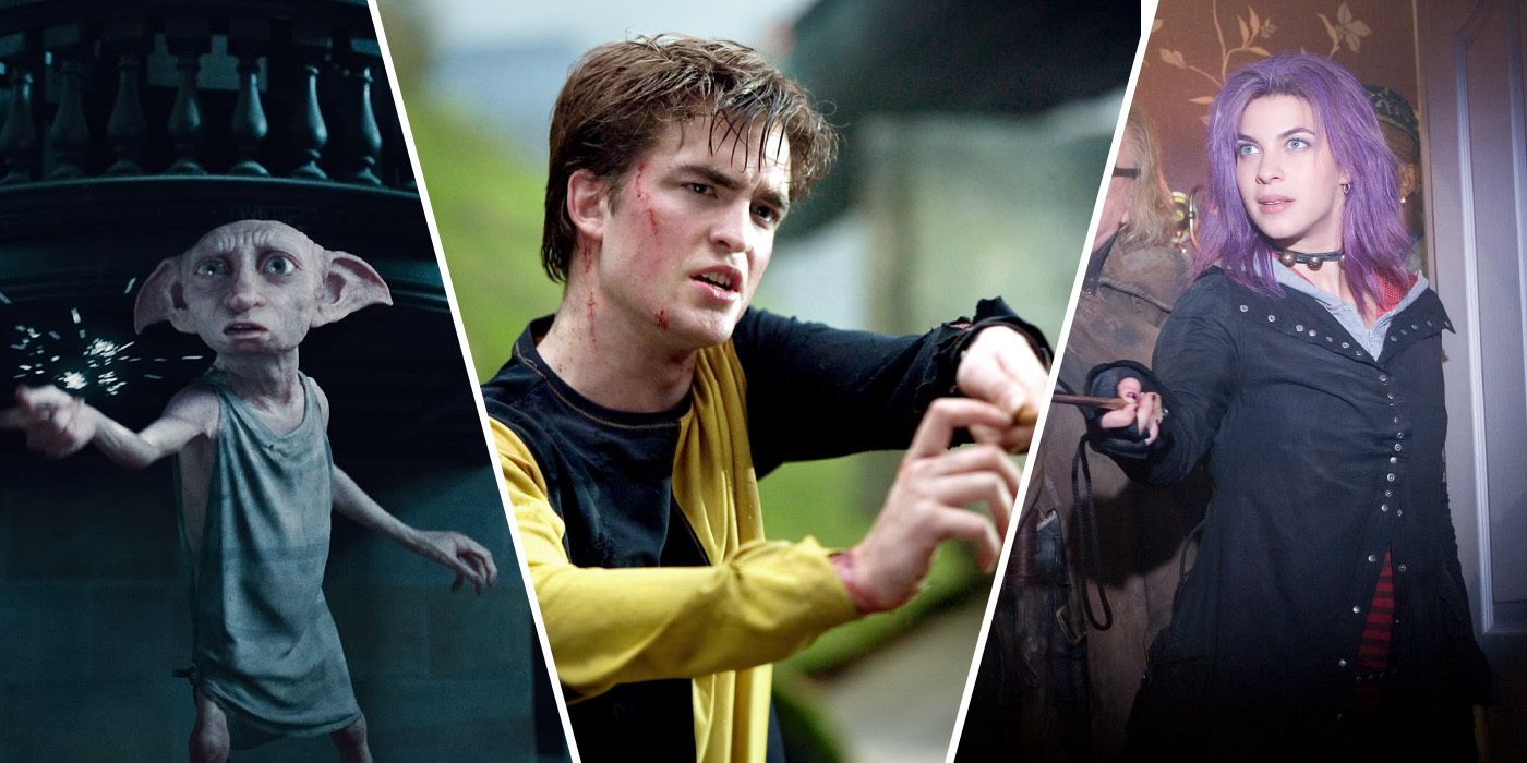 Dobby the Elf using magic Harry Potter and the Deathly Hallows pt. 1, Robert Pattinson as Cedric Diggory in Harry Potter and the Goblet of Fire, and Natalia Tena as Tonks using a wand in Harry Potter and the Order of the Phoenix