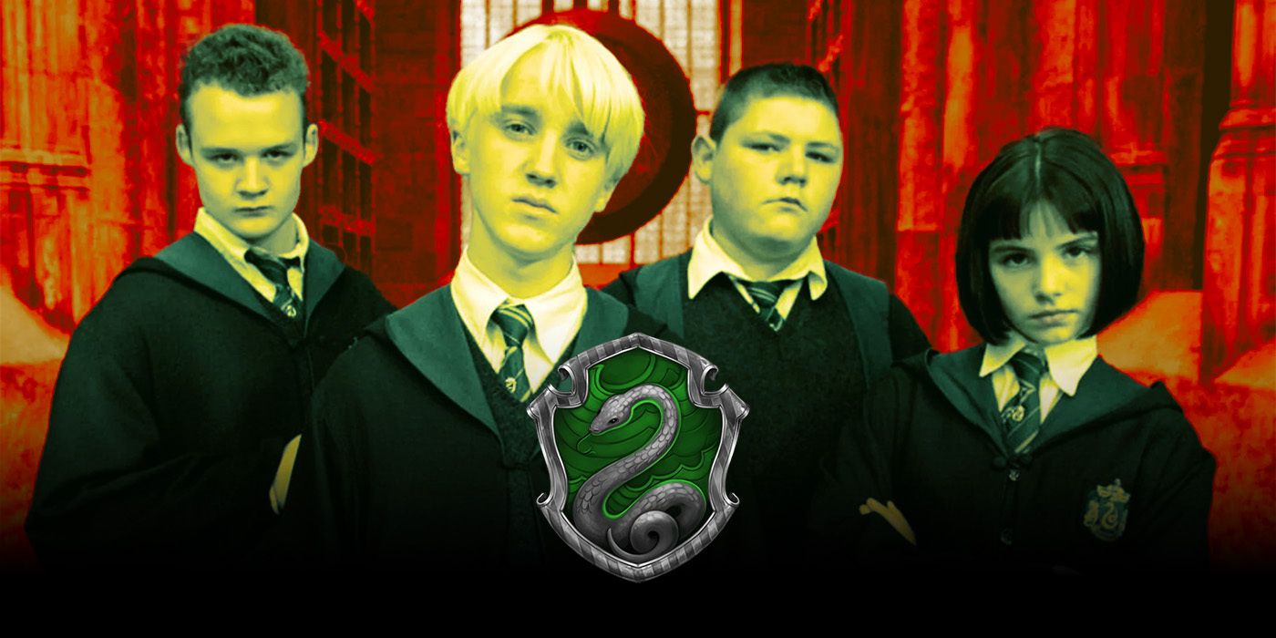 Draco Malfy, Crabbe, Goyle, and another Slytherin from Harry Potter