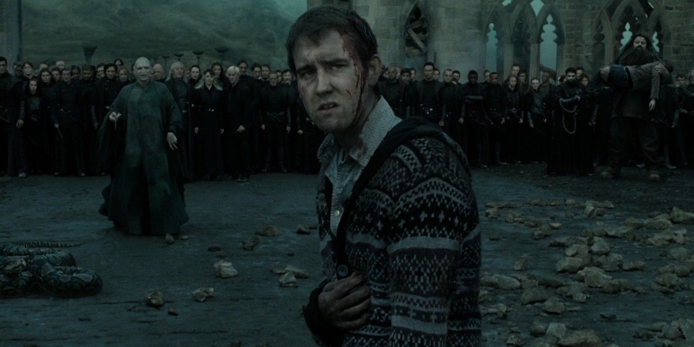 Harry Potter and the Deathly Hallows: Part 2 Matthew Lewis as Neville Longbottom speaking up to Voldemort (Ralph Fiennes) and encouraging Dumbledore's Army during the Battle of Hogwarts