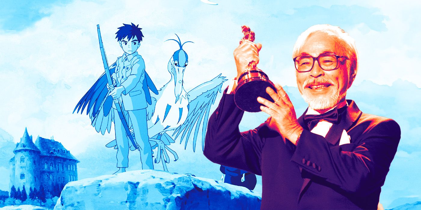 Characters from The Boy and the Heron, and Hayao Miyazaki holding up an Oscar