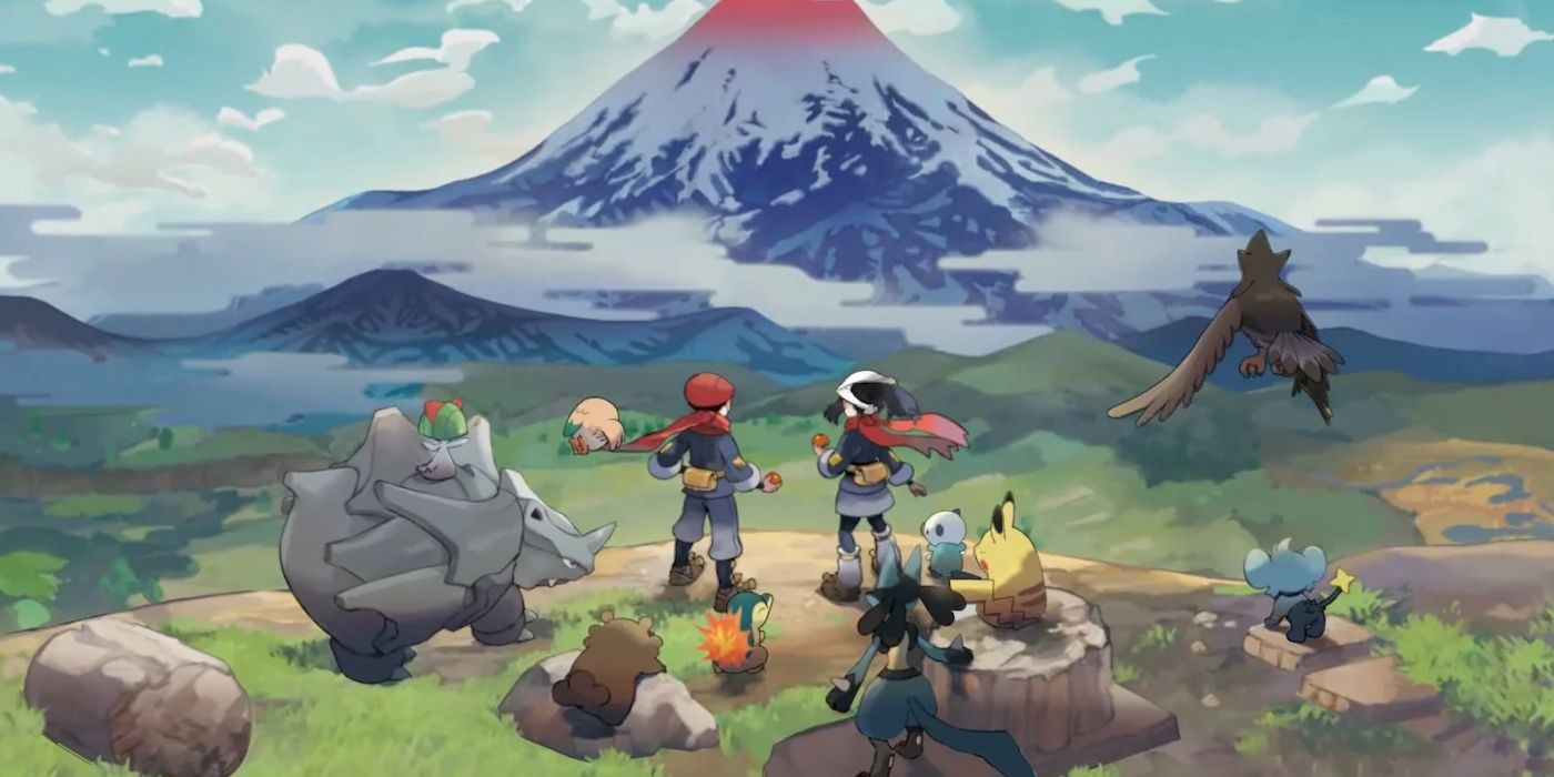 A screengrab of the game Pokémon Legends: Arceus, which features two trainers and several Pokemon in a rural landscape