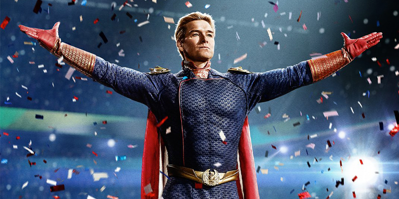 Homelander in The Boys season four holds his arms wide with confetti falling around him
