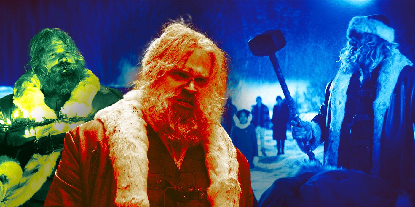 A collage of David Harbour as Santa Claus, looking beat up and holding a hammer in Violent Night