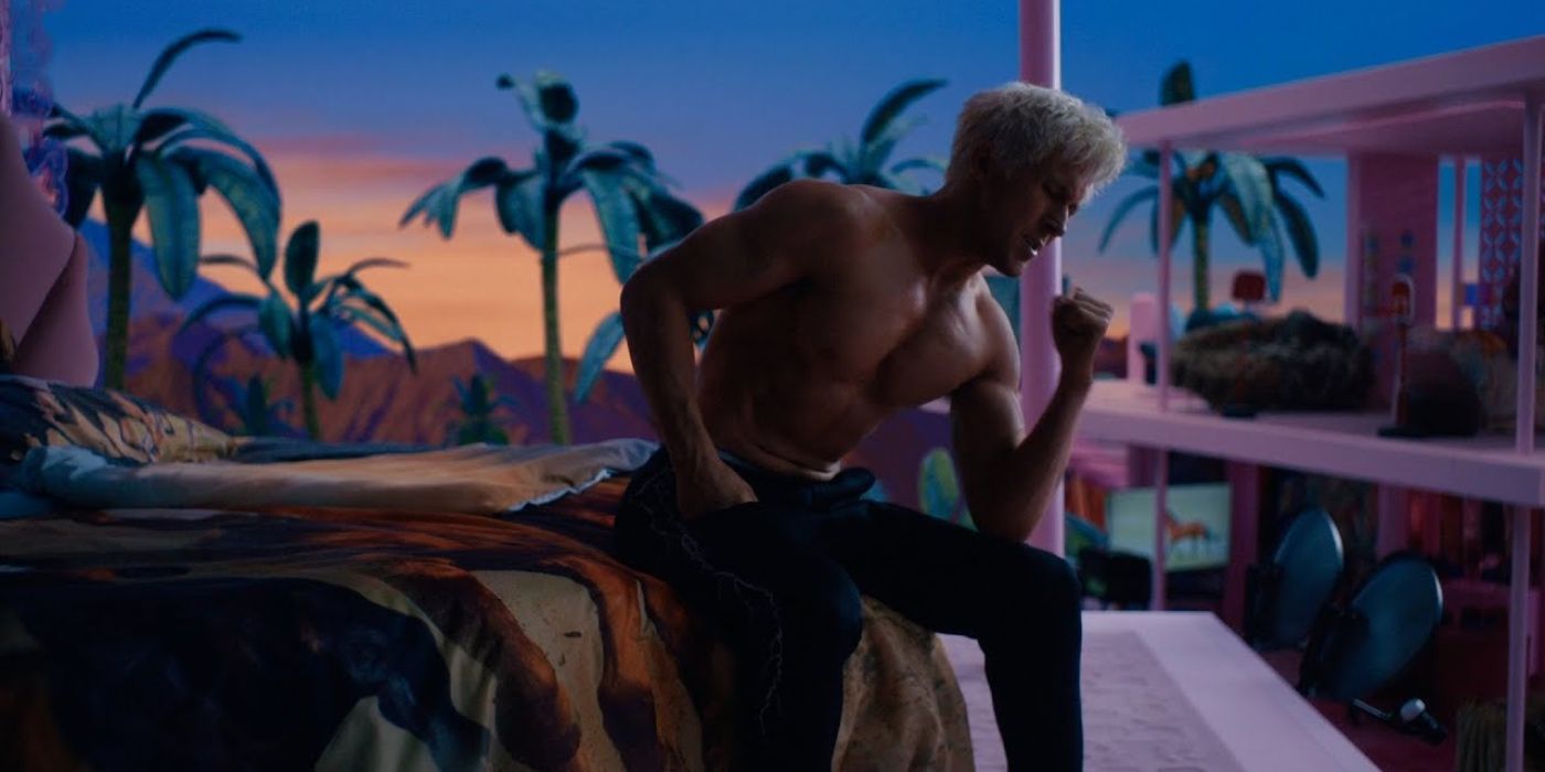 Ryan Gosling as Ken in the Mojo Dojo Casa House as the sun rises behind him in Barbie (2023).