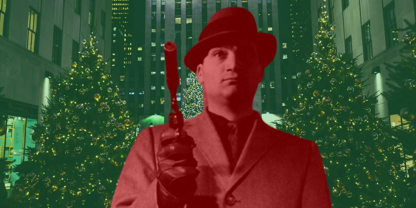 Allen Baron holds a gun in red and is surrounded by green Christmas trees in New York for Blast of Silence