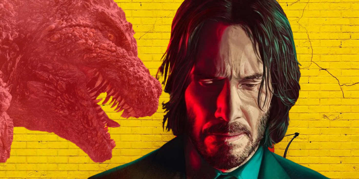 John Wick Chapter 4 and Godzilla Minus One in front of a yellow brick wall
