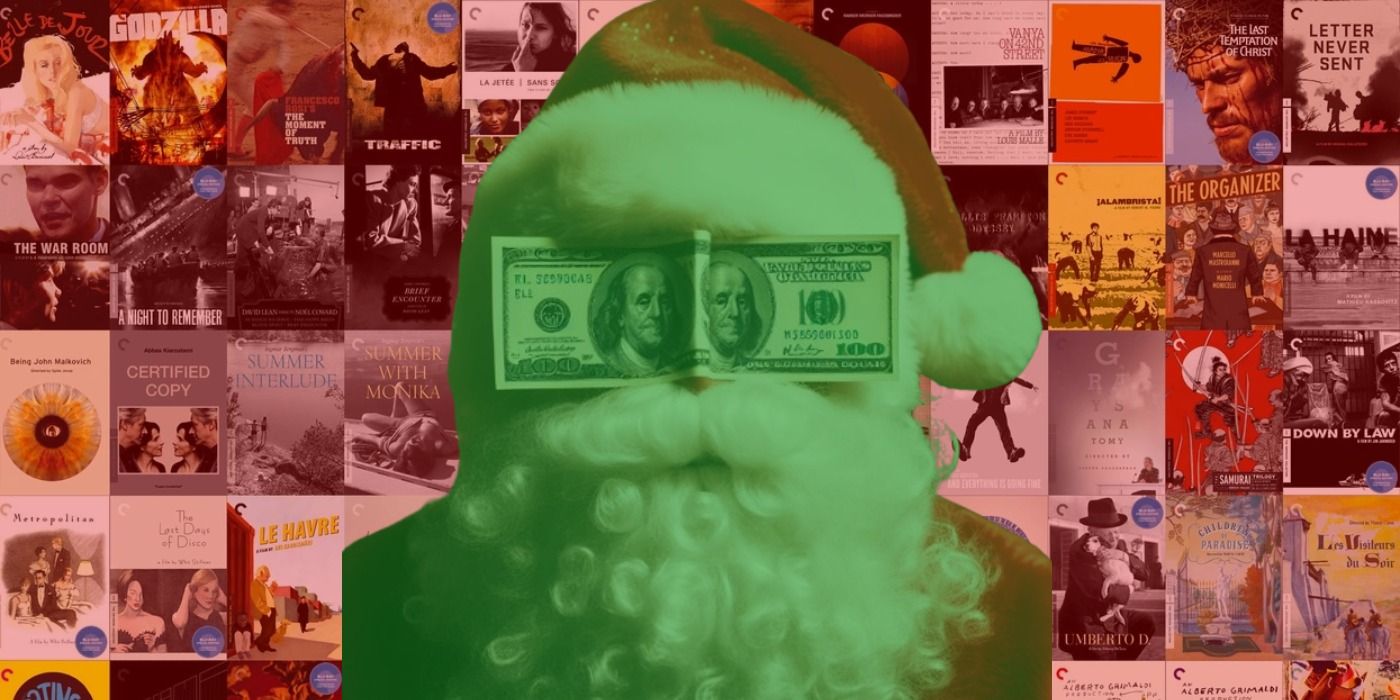 Santa Claus with money eyes in front of red movie posters