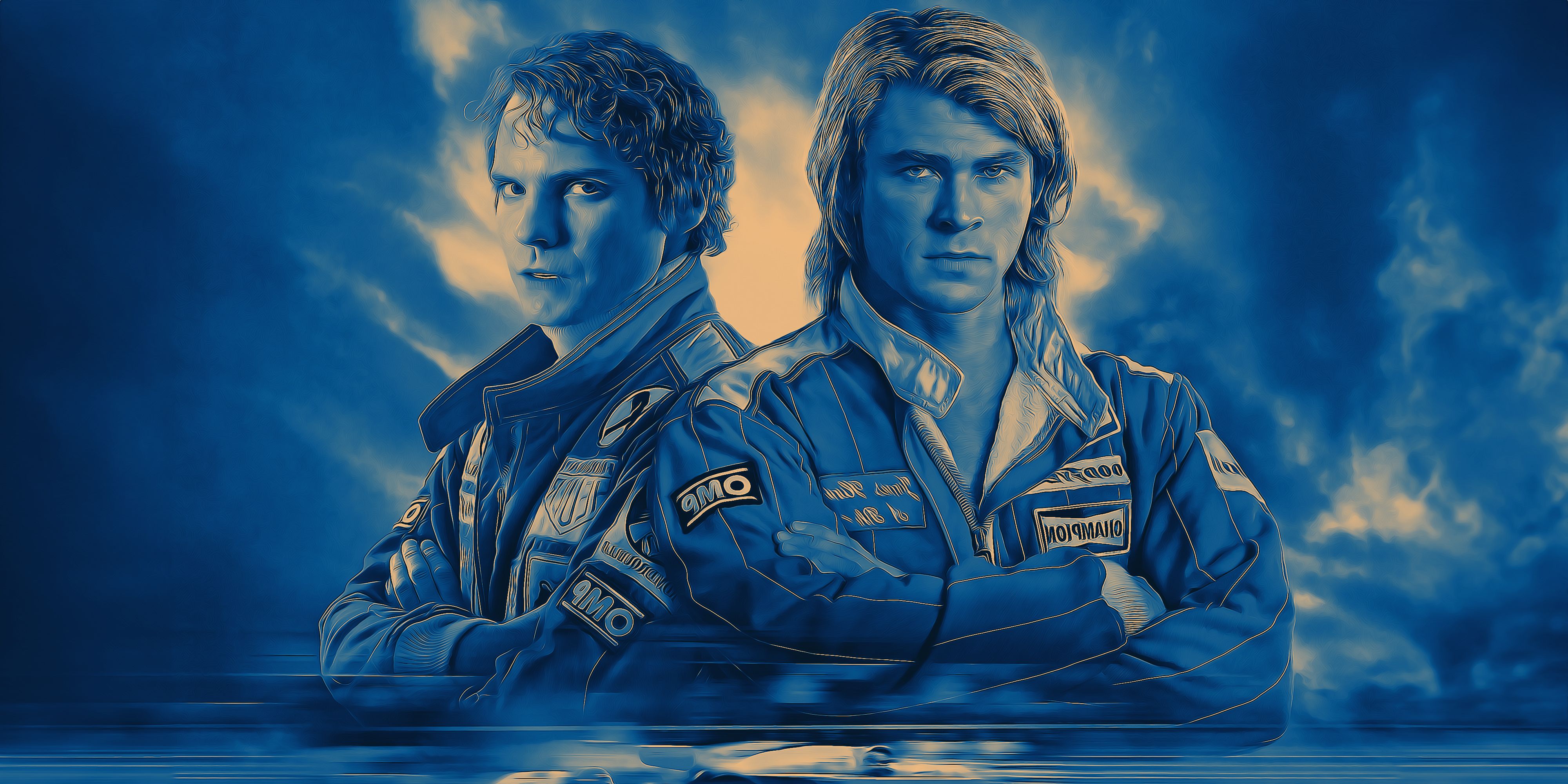 An edited image of Rush (2013) promo poster, starring Daniel Bruhl and Chris Hemsworth