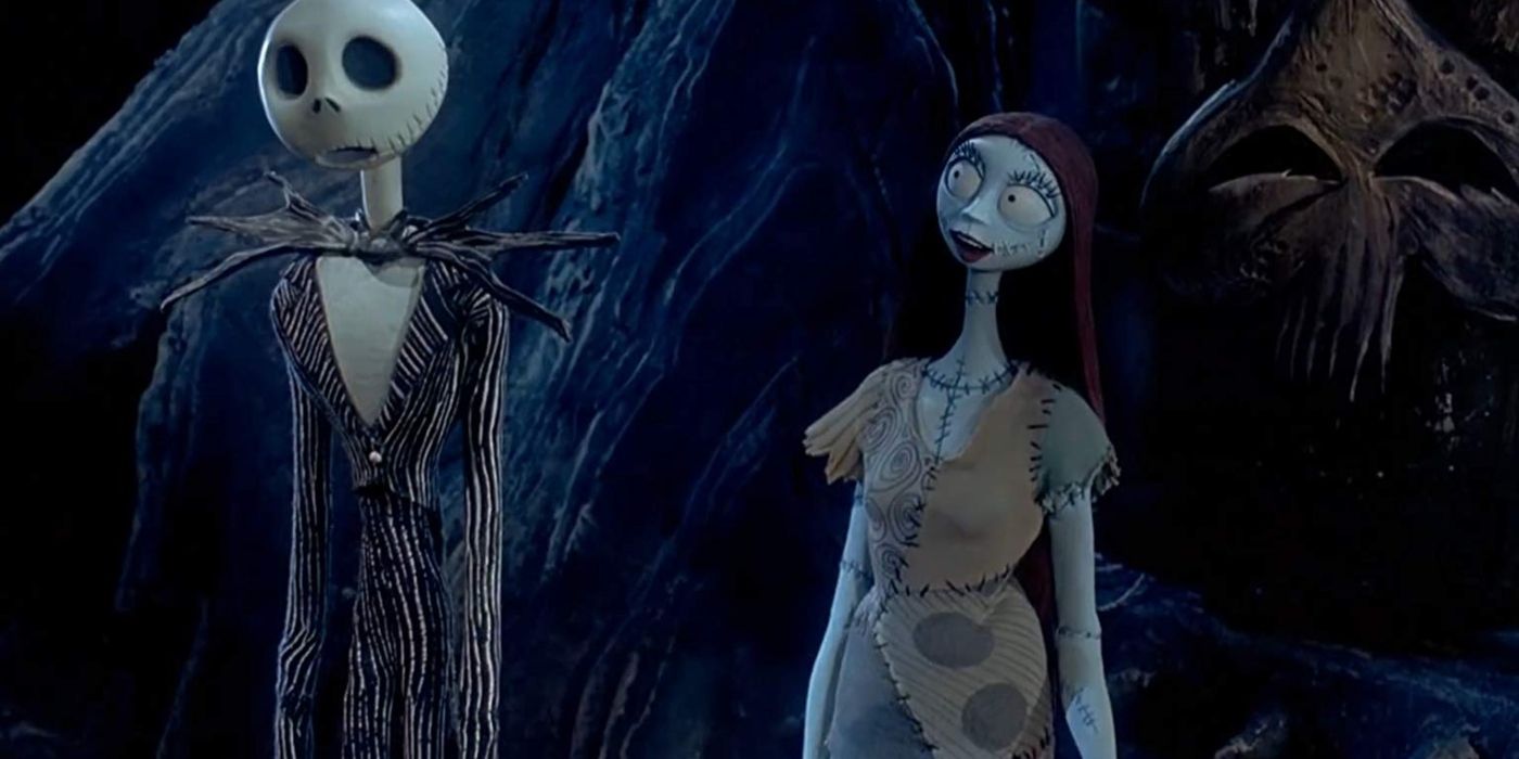 Jack Skellington e Sally conversando na floresta em The Nightmare Before Christmas