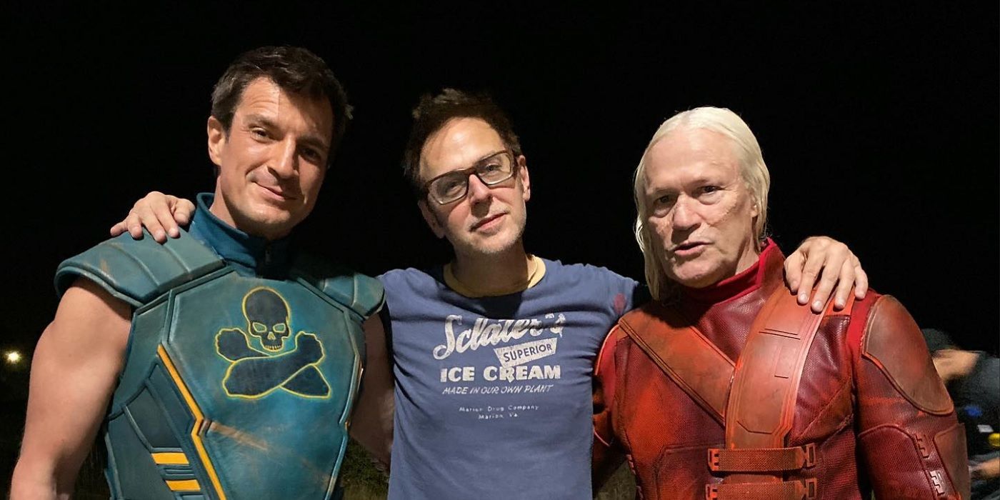 James Gunn with Nathan Fillion and Michael Rooker on the set of The Suicide Squad