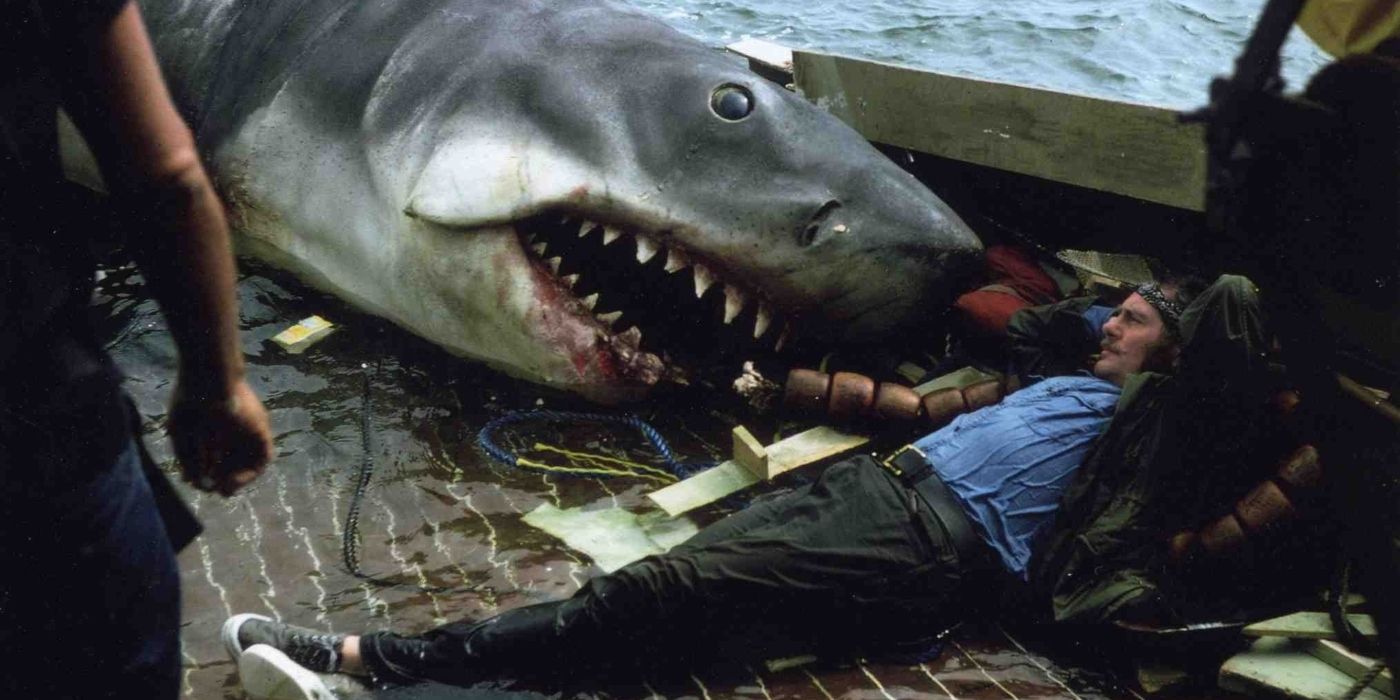 Jaws Bruce the shark on the boat with Robert Shaw as Quint relaxing in between takes