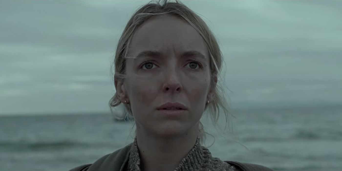 Jodie Comer in The End We Start From with the ocean behind her