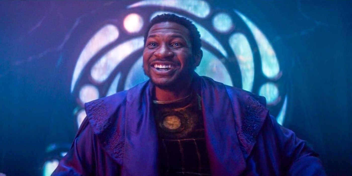 Jonathan Majors as He Who Remains in Loki at the end of time sitting on his throne