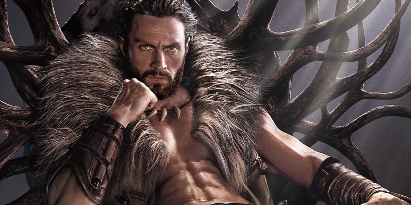 Aaron Taylor-Johnson sits on a throne wearing fur armor and braces in a poster for Kraven the Hunter