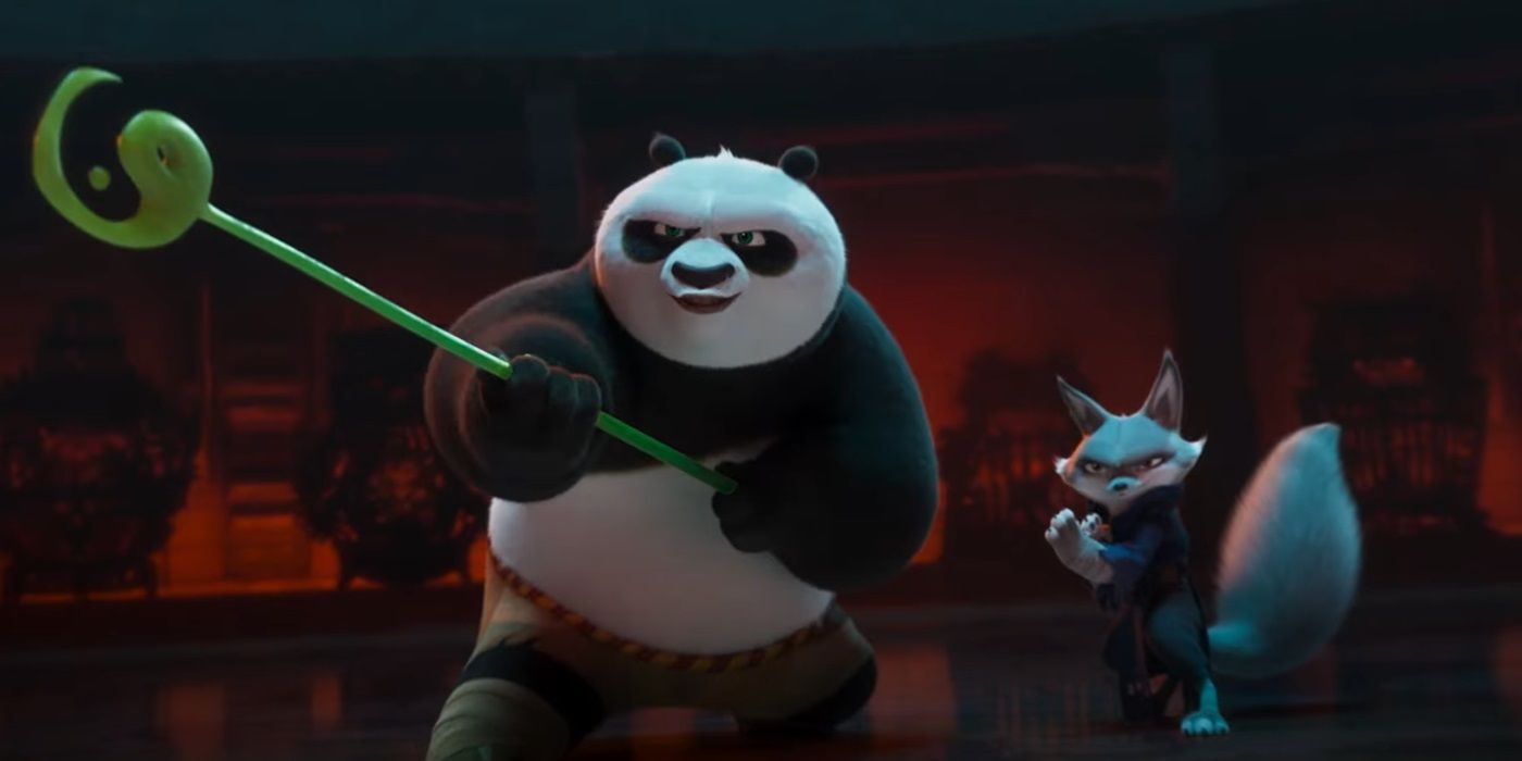 Jack Black as Po and Awkwafina as Zhen in Kung Fu Panda 4
