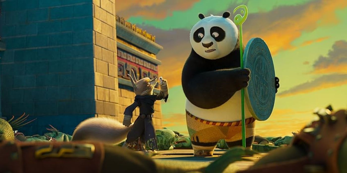 Cena de Kung Fu Panda 4 com Jack Black como Po segurando um escudo