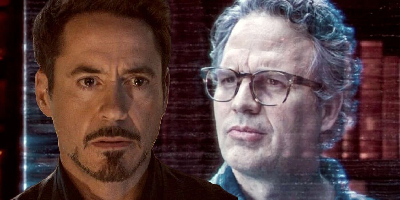 Robert Downey Jr. looking shocked as Tony Stark with Mark Ruffallo as a hologram version of Bruce Banner in Shang-Chi
