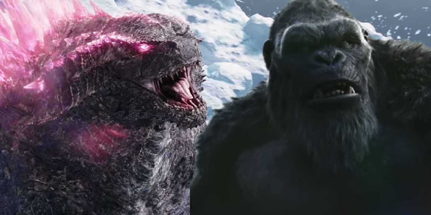 Godzilla charged with pink light energy and Kong in The New Empire