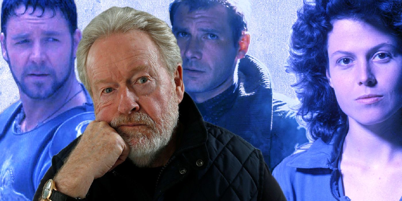 Ridley Scott with characters from Gladiator, Blade Runner and Alien