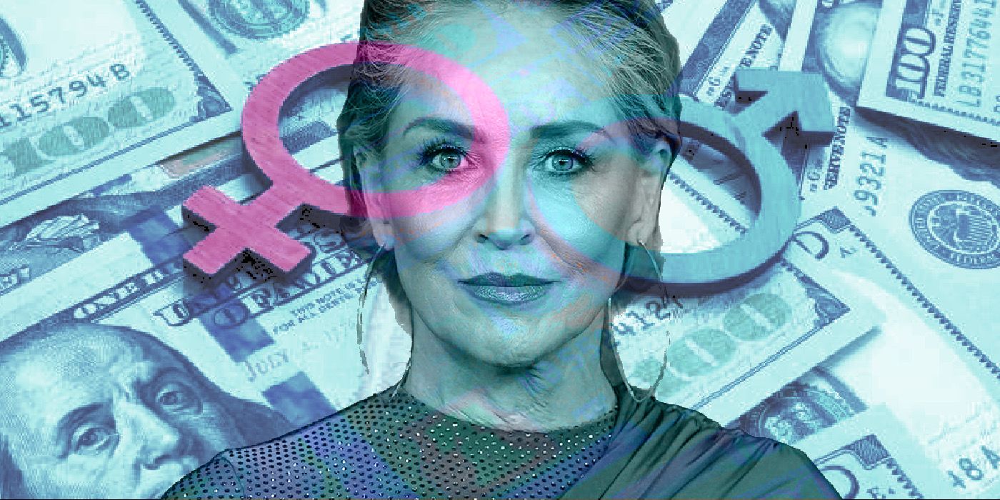 Sharon Stone looking stern with gender symbols and money in the background